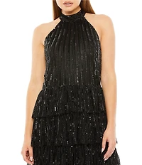 Mac Duggal Halter Neck Tiered Sequin Mesh A-Line Dress