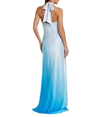 Mac Duggal Halter Neckline Sleeveless Ombre Satin Charmeuse Sheath Hi Lo Gown