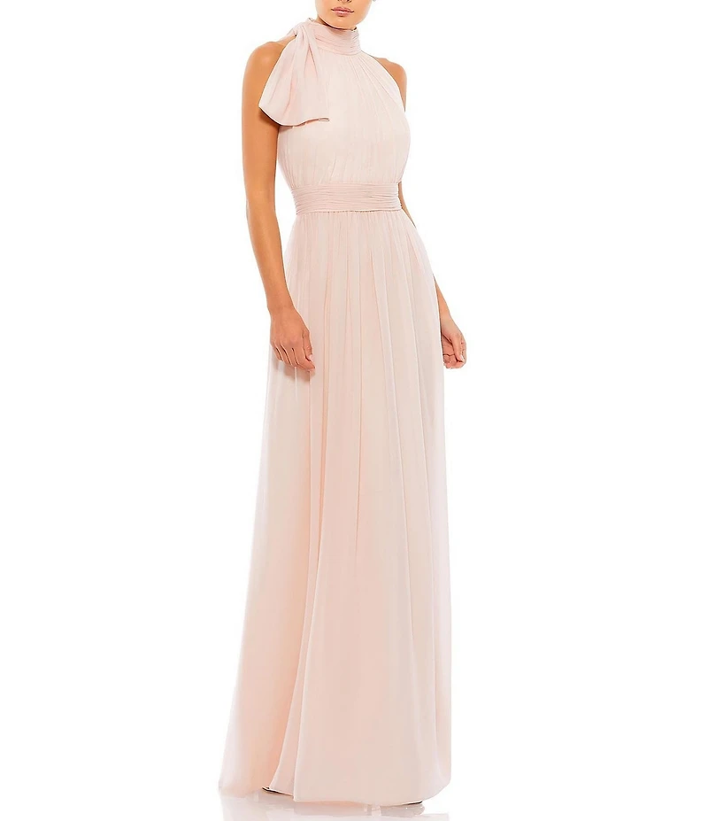 Mac Duggal High Halter Bow Turtleneck Sleeveless A-Line Gown