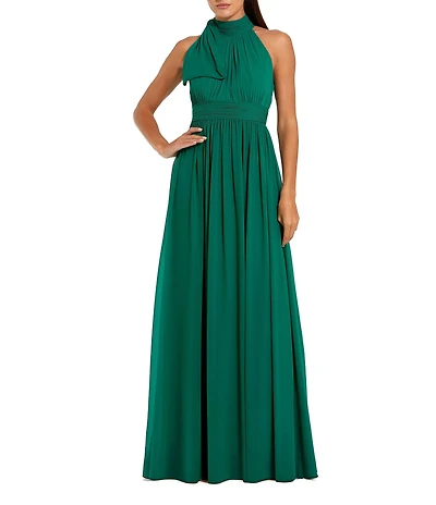Mac Duggal High Halter Bow Turtleneck Sleeveless A-Line Gown