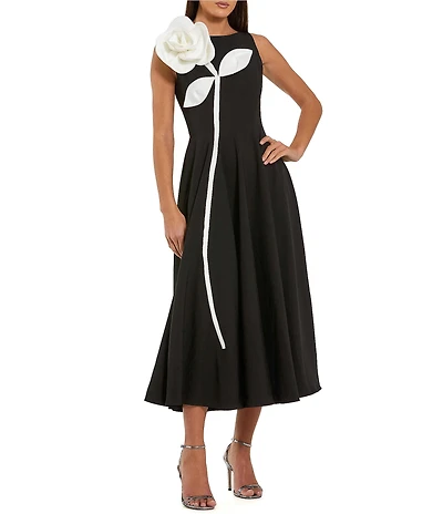 Mac Duggal High Neck Crepe A Line Midi Dress With 3D Flower