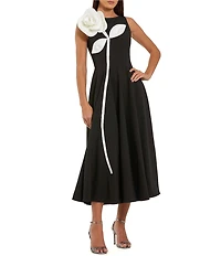 Mac Duggal High Neck Crepe A Line Midi Dress With 3D Flower