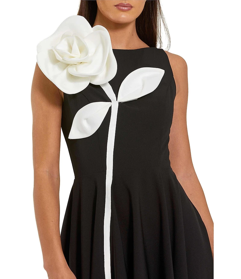 Mac Duggal High Neck Crepe A Line Midi Dress With 3D Flower