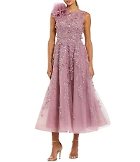Mac Duggal High Neck Embellished Midi Dress With 3D Flower