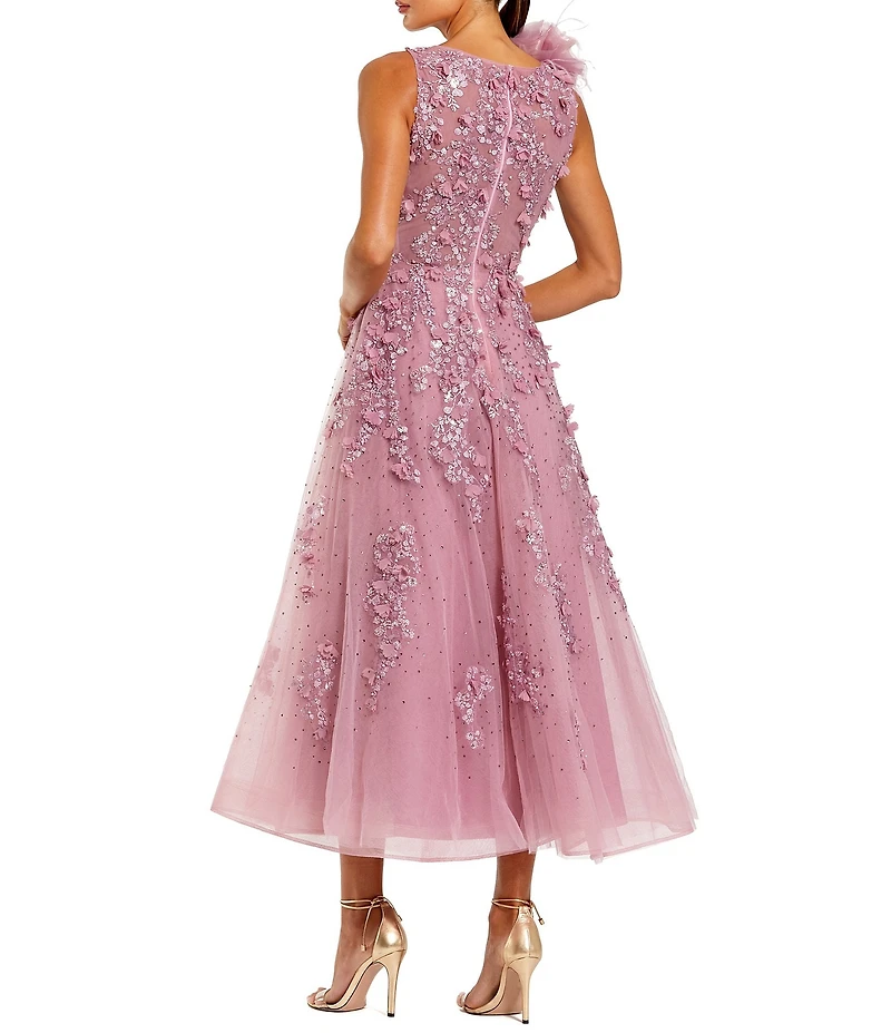 Mac Duggal High Neck Embellished Midi Dress With 3D Flower