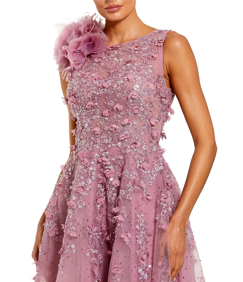 Mac Duggal High Neck Embellished Midi Dress With 3D Flower
