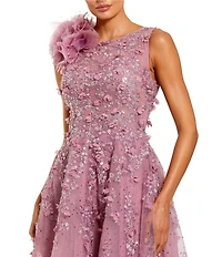 Mac Duggal High Neck Embellished Midi Dress With 3D Flower