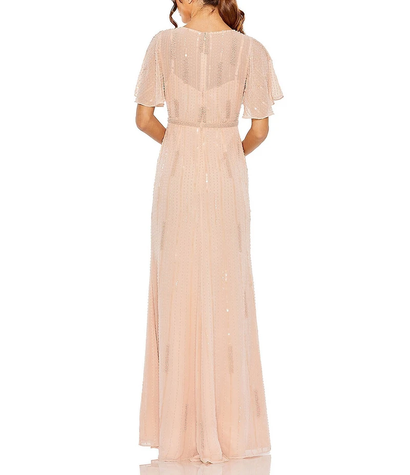 Mac Duggal High Neck Flutter Sleeve Embellished Mesh Sheath Gown