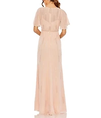 Mac Duggal High Neck Flutter Sleeve Embellished Mesh Sheath Gown