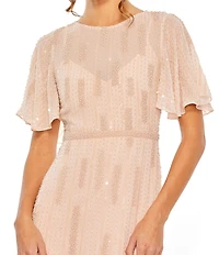 Mac Duggal High Neck Flutter Sleeve Embellished Mesh Sheath Gown
