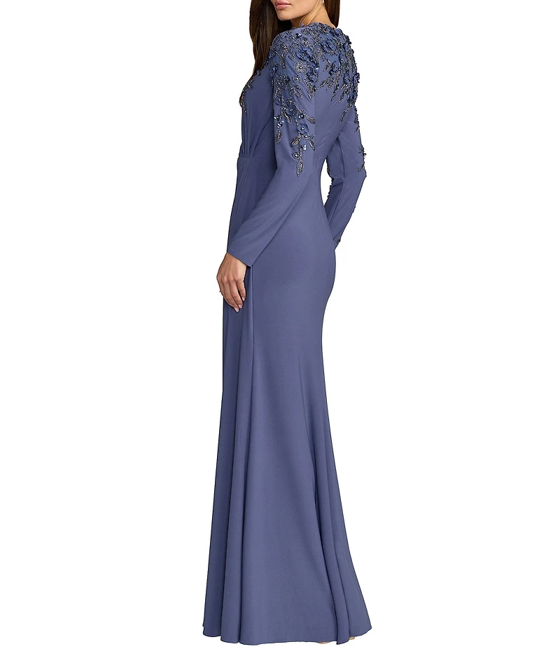 Mac Duggal High Neck Long Sleeve Beaded Jersey Gown