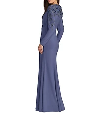 Mac Duggal High Neck Long Sleeve Beaded Jersey Gown