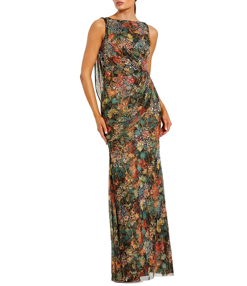 Mac Duggal High Neck Printed Mesh Cowl Back Column Gown