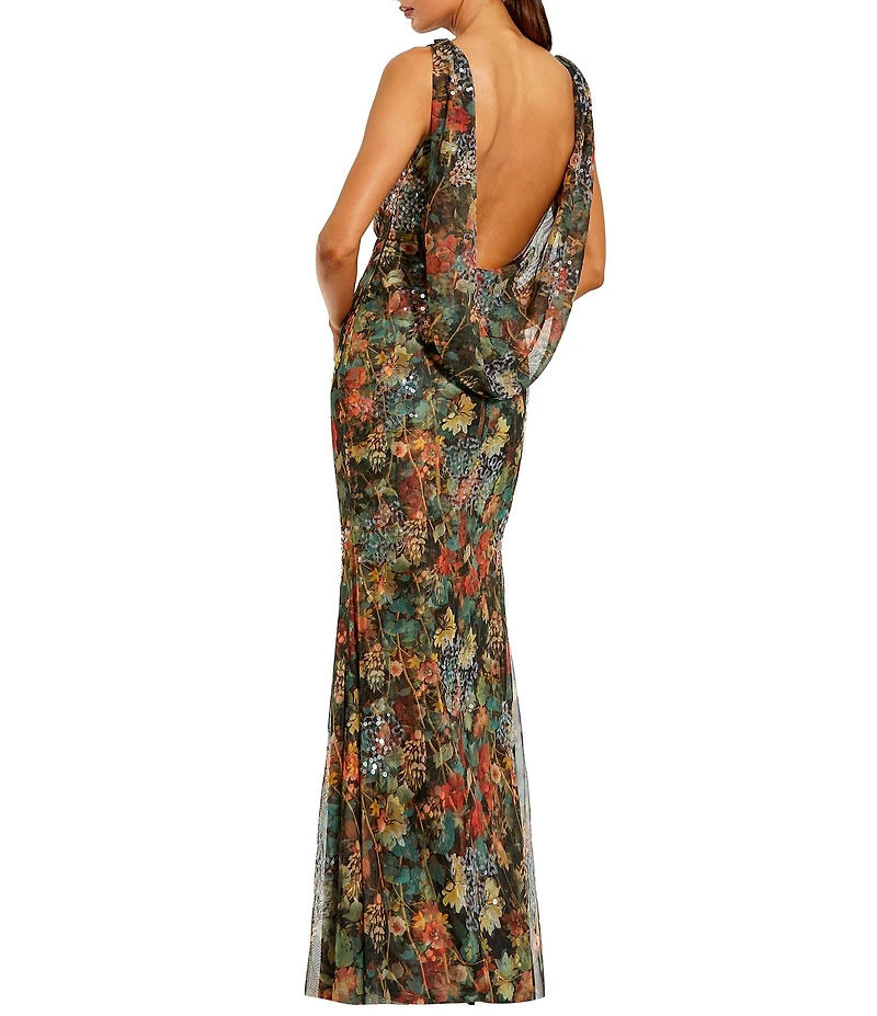 Mac Duggal High Neck Printed Mesh Cowl Back Column Gown