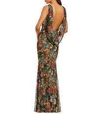 Mac Duggal High Neck Printed Mesh Cowl Back Column Gown