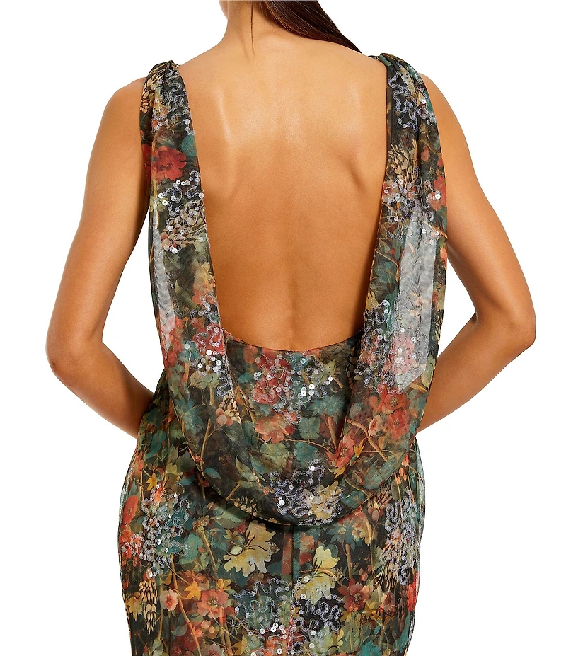 Mac Duggal High Neck Printed Mesh Cowl Back Column Gown