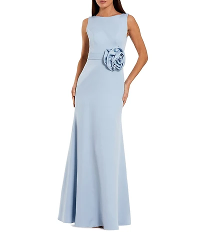 Mac Duggal High Neck Sleeveless Crepe A Line Long Gown With Flower