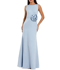 Mac Duggal High Neck Sleeveless Crepe A Line Long Gown With Flower