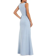 Mac Duggal High Neck Sleeveless Crepe A Line Long Gown With Flower