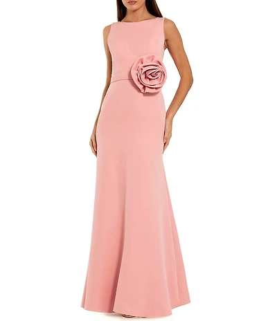 Mac Duggal High Neck Sleeveless Crepe A Line Long Gown With Flower