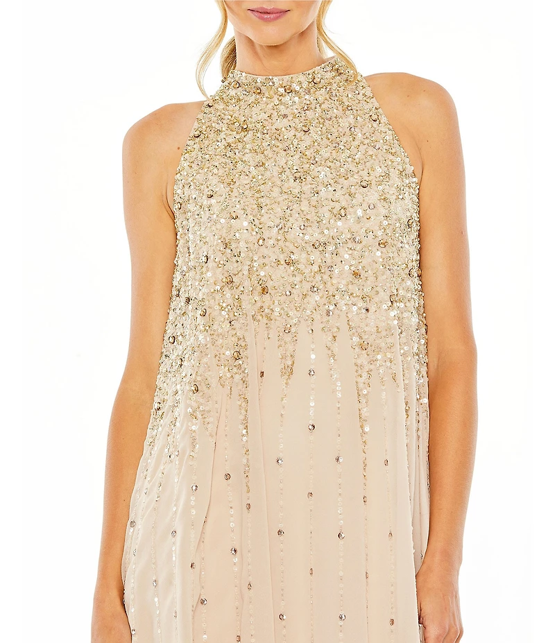 Mac Duggal High Neck Sleeveless Sequin Embellished Trapeze Dress