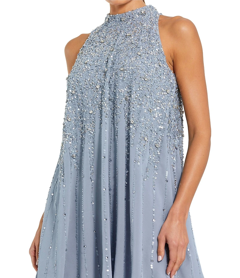 Mac Duggal High Neck Sleeveless Sequin Embellished Trapeze Dress