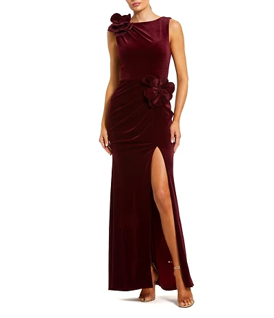 Mac Duggal High Neck Velvet 3D Flowers Column Dress