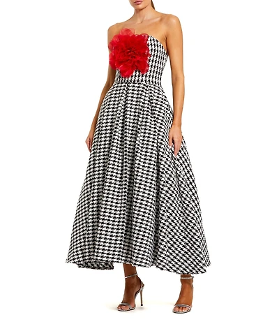 Mac Duggal Boucle Houndstooth Print 3D Floral Applique Sleeveless A-Line Midi Dress