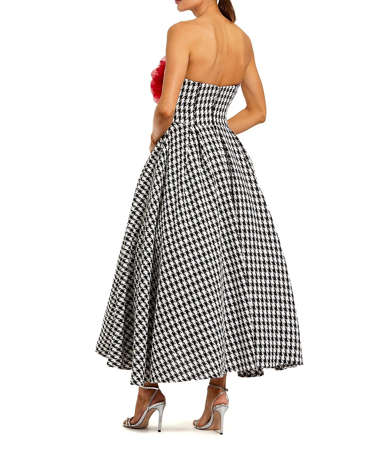Mac Duggal Boucle Houndstooth Print 3D Floral Applique Sleeveless A-Line Midi Dress