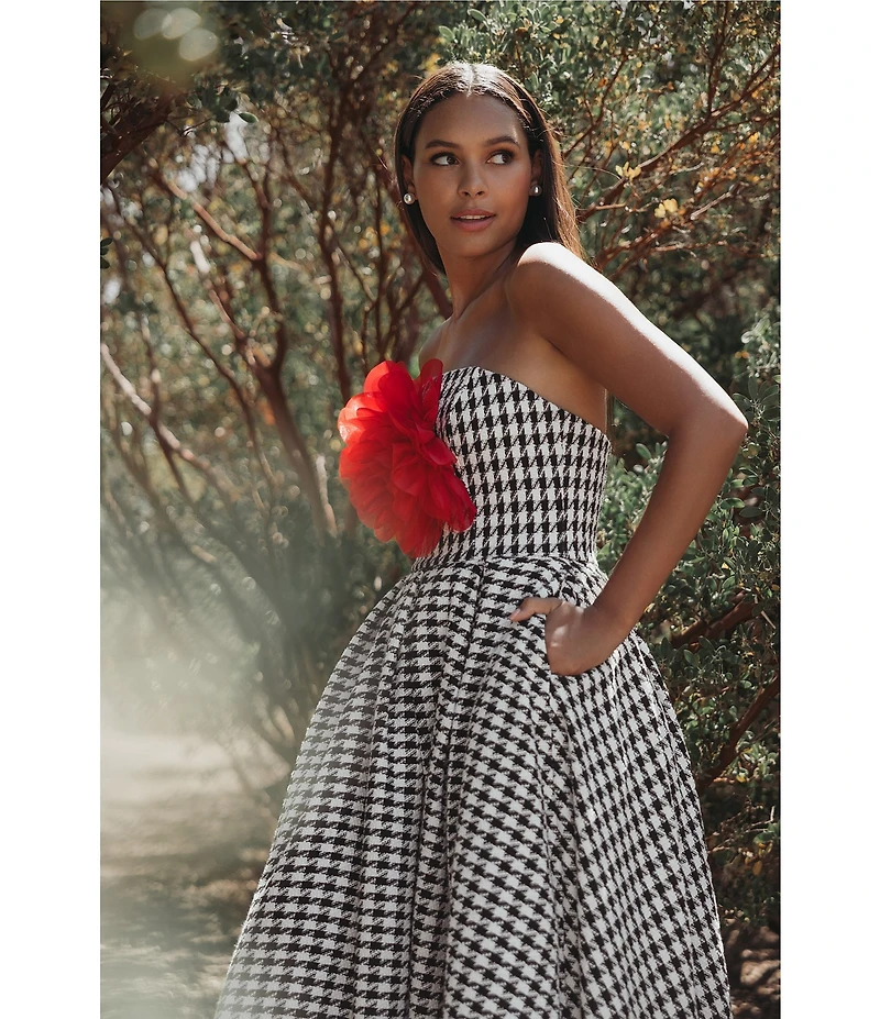 Mac Duggal Boucle Houndstooth Print 3D Floral Applique Sleeveless A-Line Midi Dress