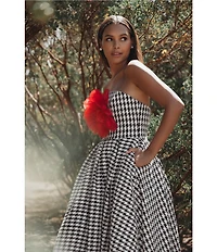 Mac Duggal Boucle Houndstooth Print 3D Floral Applique Sleeveless A-Line Midi Dress