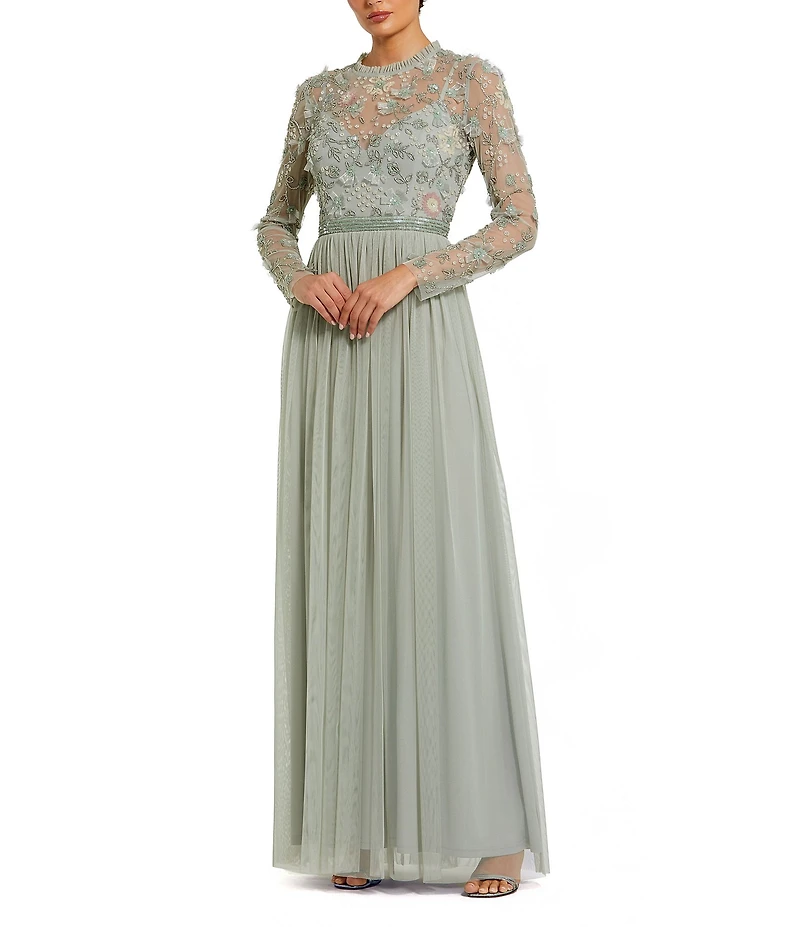 Mac Duggal Illusion Crew Neck Long Sleeve Gown