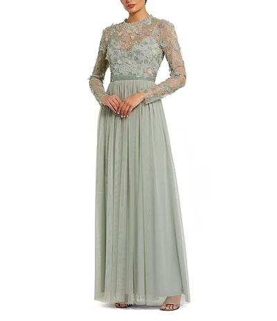 Mac Duggal Illusion Crew Neck Long Sleeve Gown