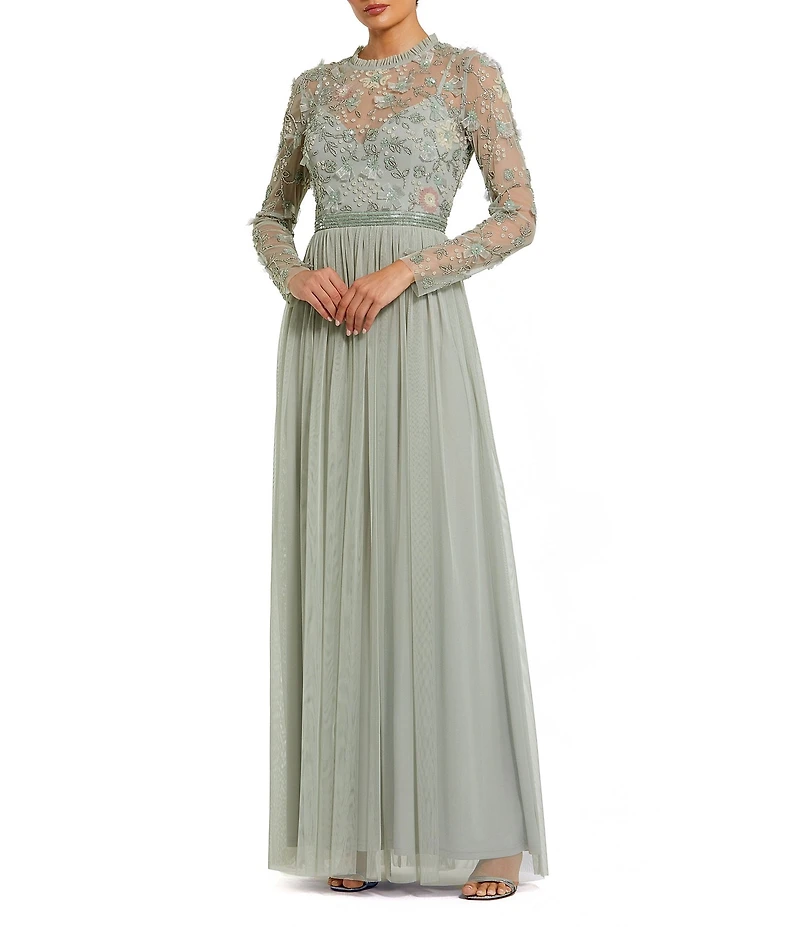 Mac Duggal Illusion Crew Neck Long Sleeve Gown