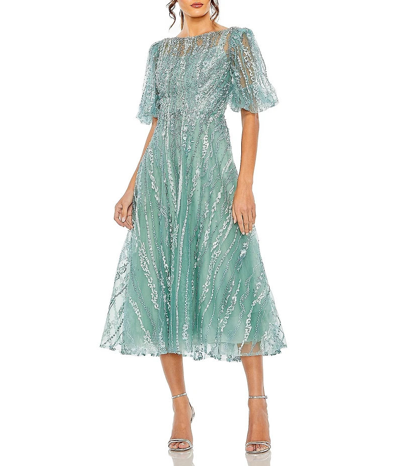 Mac Duggal Illusion High Crew Neck Short Puff Sleeve Embellished A-Line Midi Dress