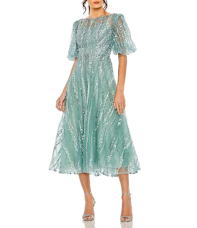 Mac Duggal Illusion High Crew Neck Short Puff Sleeve Embellished A-Line Midi Dress