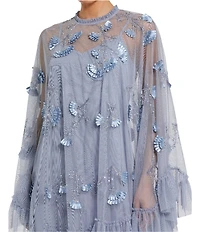 Mac Duggal Mock Neck Long Flared Sleeve Mesh A-Line Mini Dress