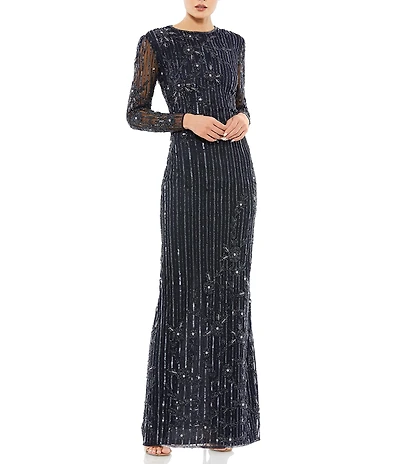 Mac Duggal Illusion Long Sleeve Sequin Column Gown