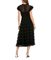 Mac Duggal Illusion Mock Neck Cap Sleeve Mesh Micro Ruffle A-Line Midi Dress