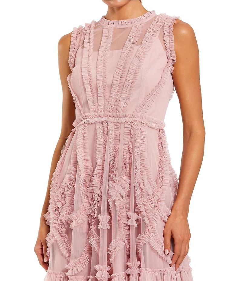 Mac Duggal Illusion Mock Neck Sleeveless Mesh Micro Ruffle Mini Dress