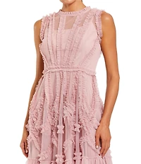 Mac Duggal Illusion Mock Neck Sleeveless Mesh Micro Ruffle Mini Dress