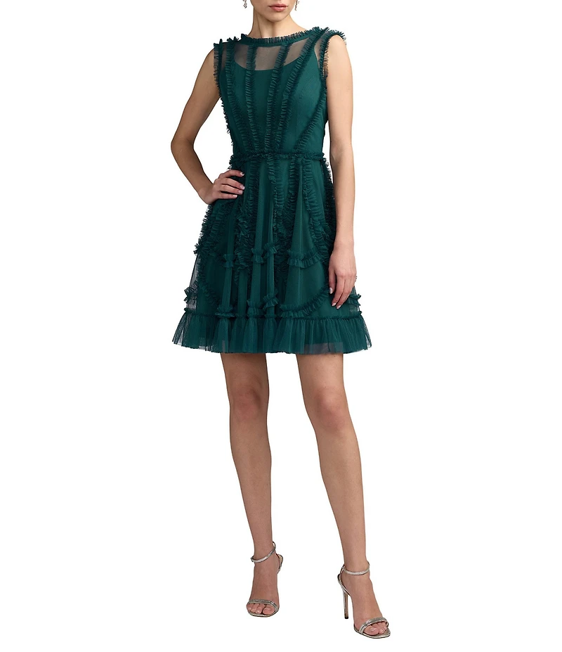 Mac Duggal Illusion Mock Neck Sleeveless Mesh Micro Ruffle Mini Dress