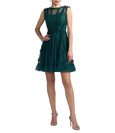 Mac Duggal Illusion Mock Neck Sleeveless Mesh Micro Ruffle Mini Dress
