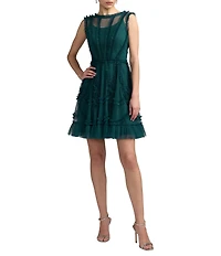 Mac Duggal Illusion Mock Neck Sleeveless Mesh Micro Ruffle Mini Dress