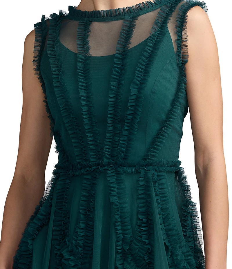 Mac Duggal Illusion Mock Neck Sleeveless Mesh Micro Ruffle Mini Dress