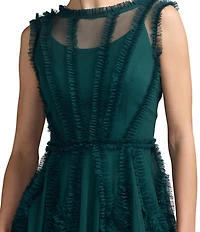 Mac Duggal Illusion Mock Neck Sleeveless Mesh Micro Ruffle Mini Dress