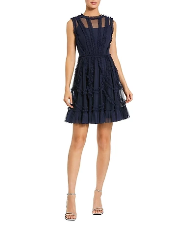 Mac Duggal Illusion Mock Neck Sleeveless Mesh Micro Ruffle Mini Dress