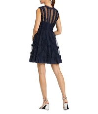 Mac Duggal Illusion Mock Neck Sleeveless Mesh Micro Ruffle Mini Dress