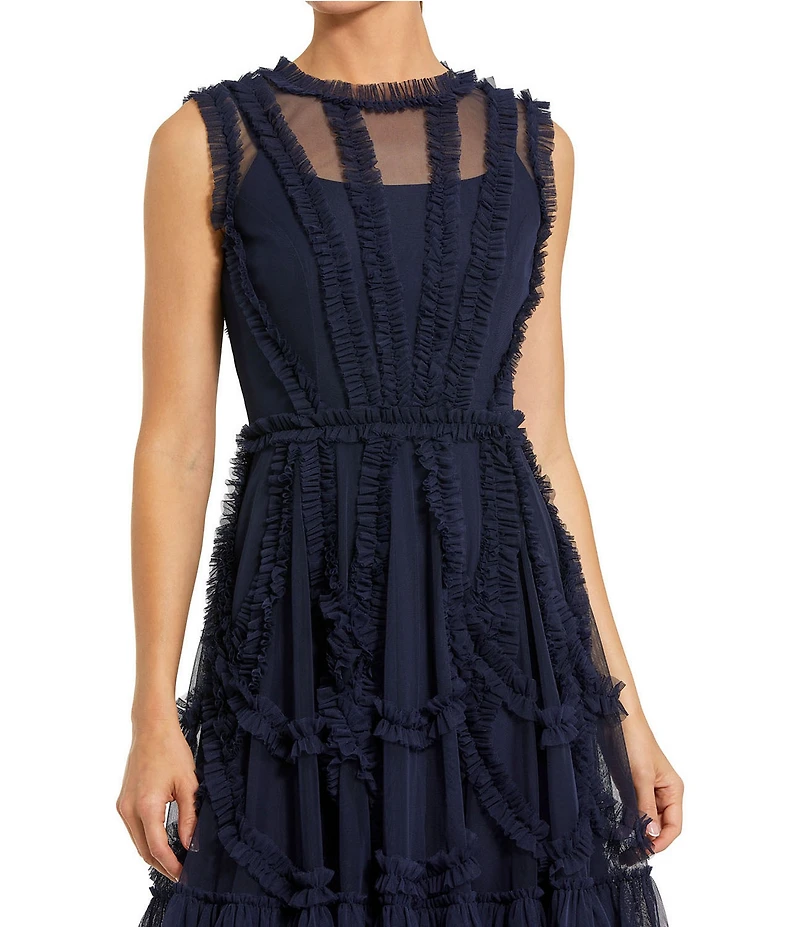 Mac Duggal Illusion Mock Neck Sleeveless Mesh Micro Ruffle Mini Dress