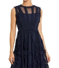 Mac Duggal Illusion Mock Neck Sleeveless Mesh Micro Ruffle Mini Dress